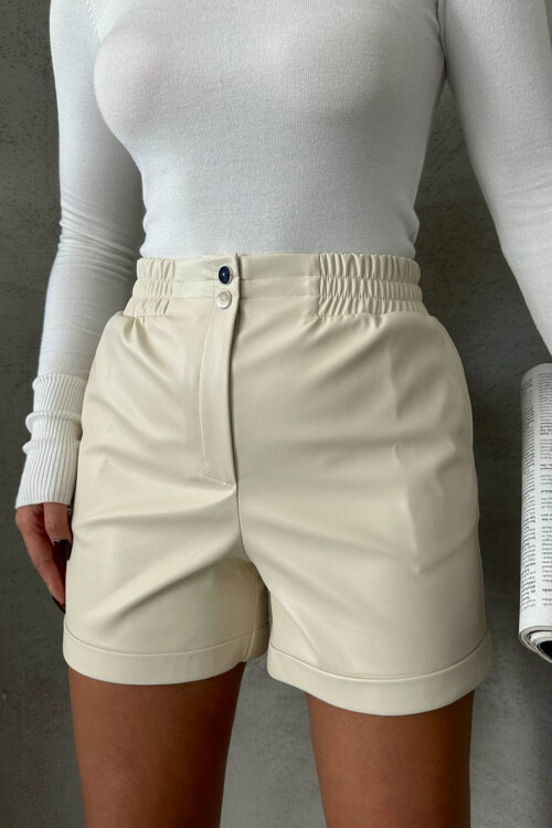 Ekru Beli Lastikli Suni Deri Şort BCHN-25261007