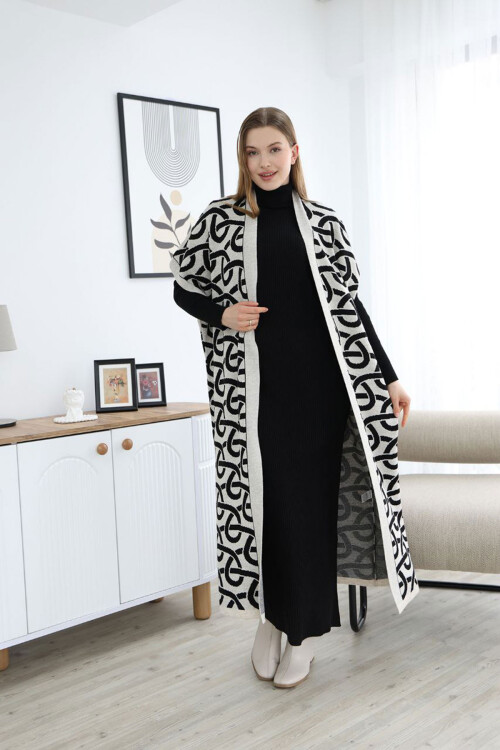 Ekru Boğazlı Triko Elbise Ve Uzun Desenli Hırka Alt Üst Takım BCES-252040