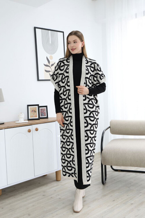 Ekru Boğazlı Triko Elbise Ve Uzun Desenli Hırka Alt Üst Takım BCES-252040