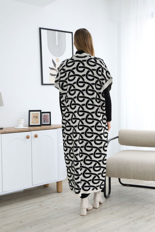 Ekru Boğazlı Triko Elbise Ve Uzun Desenli Hırka Alt Üst Takım BCES-252040