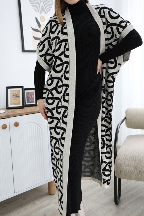 Ekru Boğazlı Triko Elbise Ve Uzun Desenli Hırka Alt Üst Takım BCES-252040