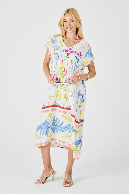 Ekru Desenli Desenli V Yaka Midi Boy Elbise BCVL-254007