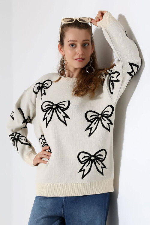 Ekru Fiyonk Desenli Triko Kazak BCES-252045