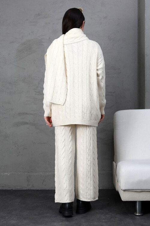 Ekru Örgü Motifli Kazak Hırka Ve Pantolon 3 Lü Triko Takım BCES-252031