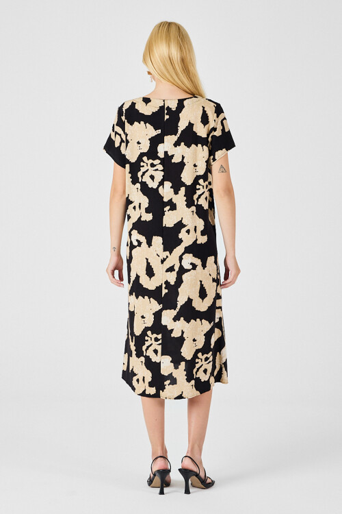 Ekru-Siyah Derin V Yaka Yırtmaçlı Desenli Midi Boy Elbise