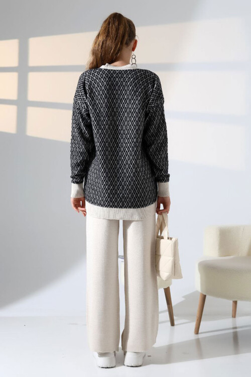 Ekru V Yaka Düğmeli Hırka Ve Pantolon Alt Üst Triko Takım BCES-252011