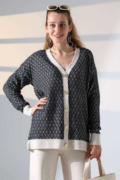 Ekru V Yaka Düğmeli Hırka Ve Pantolon Alt Üst Triko Takım BCES-252011