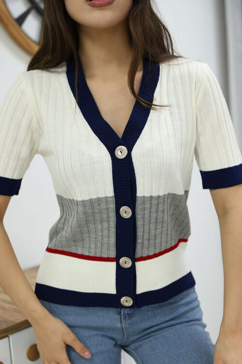 Ekru V Yaka Renk Bloklu Düğmeli Triko Bluz BCES-252013