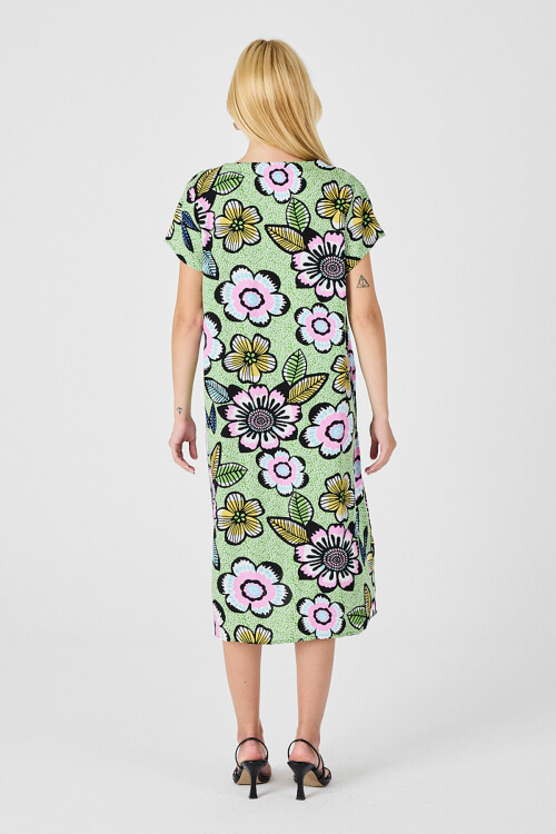 Fıstık Yeşili Derin V Yaka Çiçek Desenli Midi Boy Elbise