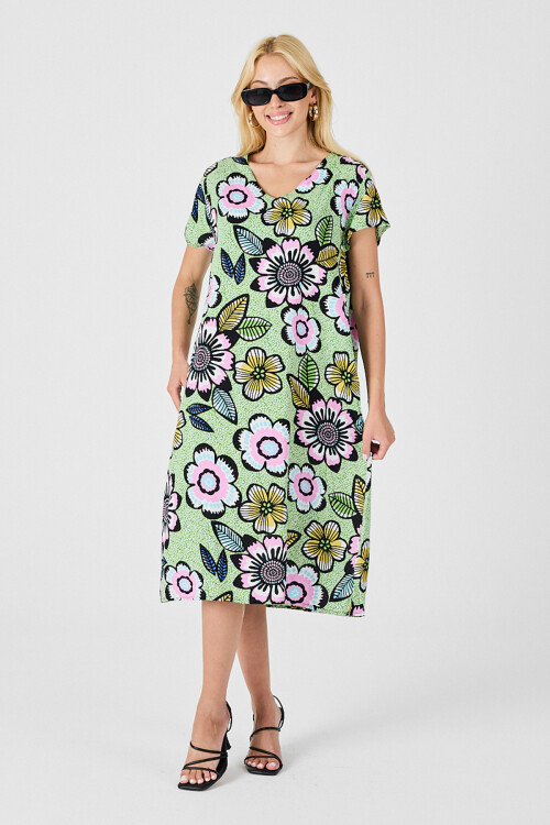 Fıstık Yeşili Derin V Yaka Çiçek Desenli Midi Boy Elbise