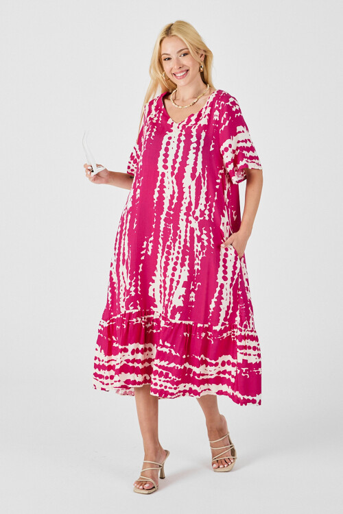 Fuşya Batik Desenli V Yaka Eteği Volanlı Oversize Elbise