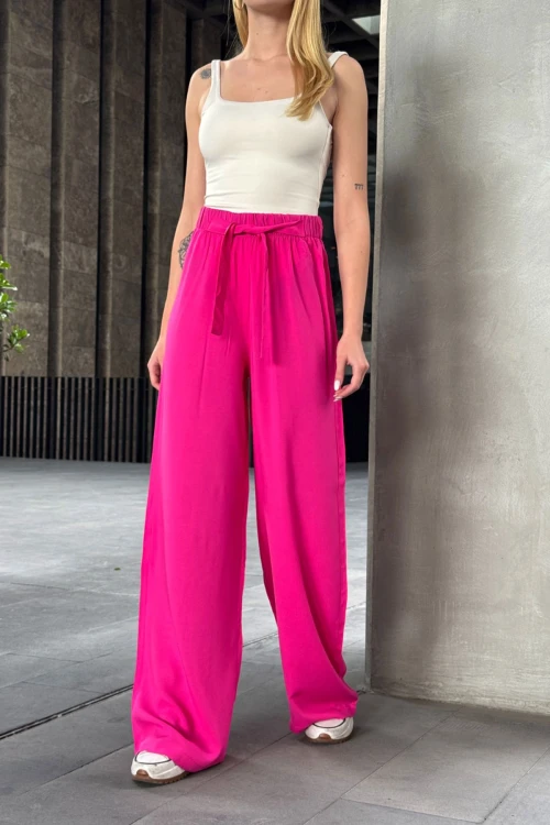 Fuşya Beli Bağlamalı Bol Kesim Palazzo Yazlık Pantolon