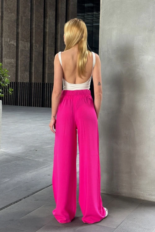 Fuşya Beli Bağlamalı Bol Kesim Palazzo Yazlık Pantolon