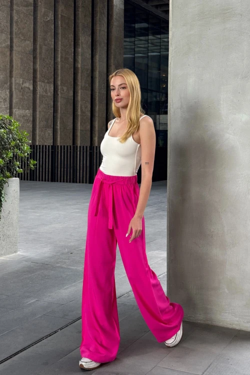 Fuşya Beli Bağlamalı Bol Kesim Palazzo Yazlık Pantolon