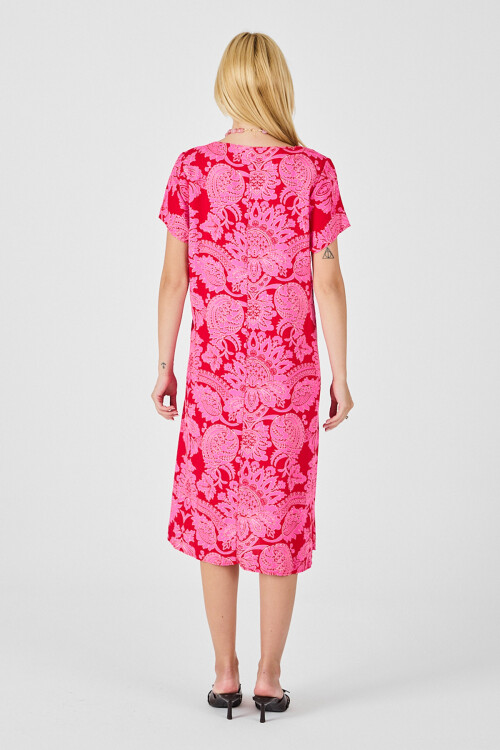 Fuşya Desenli V Yaka Kısa Kollu Midi Boy Elbise