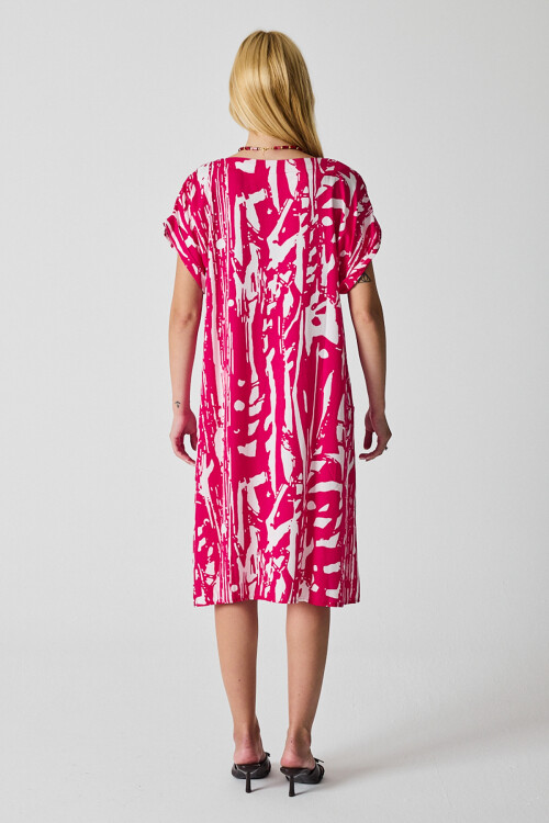 Fuşya Desenli V Yaka Yarasa Kol Oversize Midi Elbise