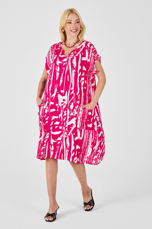 Fuşya Desenli V Yaka Yarasa Kol Oversize Midi Elbise