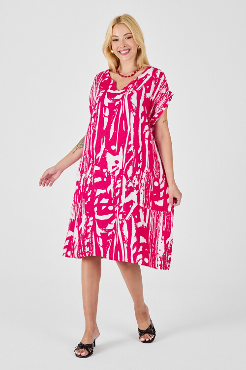 Fuşya Desenli V Yaka Yarasa Kol Oversize Midi Elbise