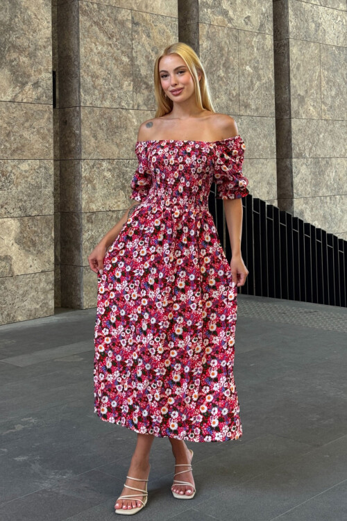 Fuşya Kare Yaka Beli Gipeli Çiçek Desenli Dokuma Yazlık Elbise