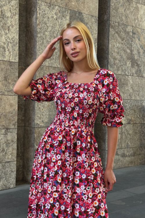 Fuşya Kare Yaka Beli Gipeli Çiçek Desenli Dokuma Yazlık Elbise