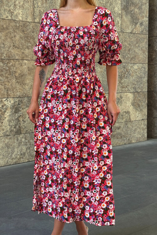 Fuşya Kare Yaka Beli Gipeli Çiçek Desenli Dokuma Yazlık Elbise