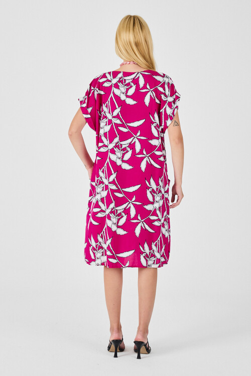 Fuşya Tropik Desenli V Yaka Oversize Midi Elbise