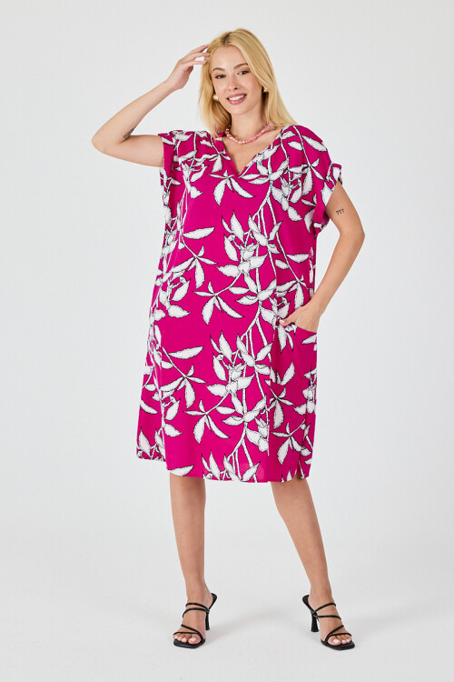 Fuşya Tropik Desenli V Yaka Oversize Midi Elbise