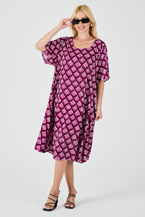 Fuşya U Yaka Kısa Kollu Midi Boy Desenli Elbise