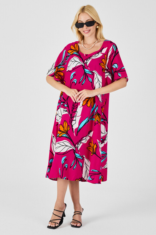 Fuşya Yaprak Desenli U Yaka Kısa Kollu Midi Boy Elbise