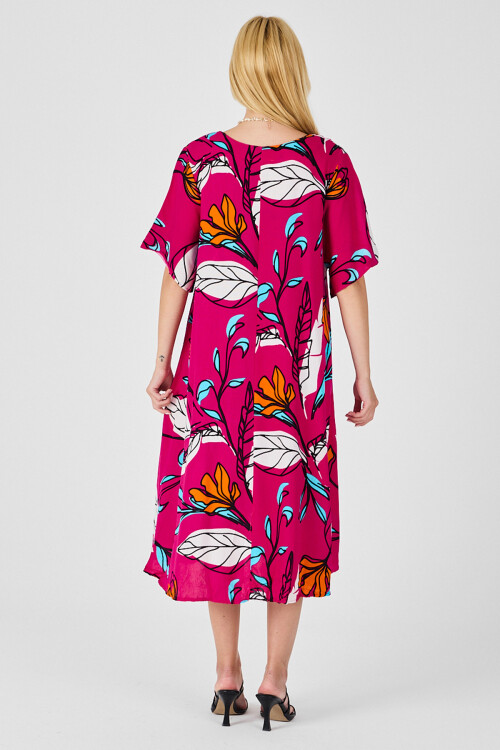 Fuşya Yaprak Desenli U Yaka Kısa Kollu Midi Boy Elbise