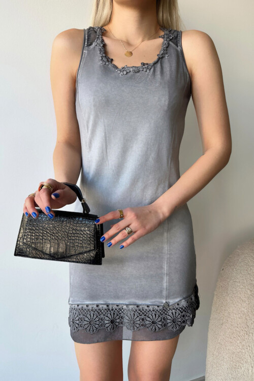 Gri Askılı Güpür Detaylı Renk Geçişli Yazlık Viskon Elbise