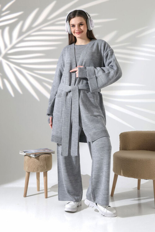 Gri Bisiklet Yaka Bluz, Hırka Ve Pantolon 3 Lü Triko Takım BCES-252041