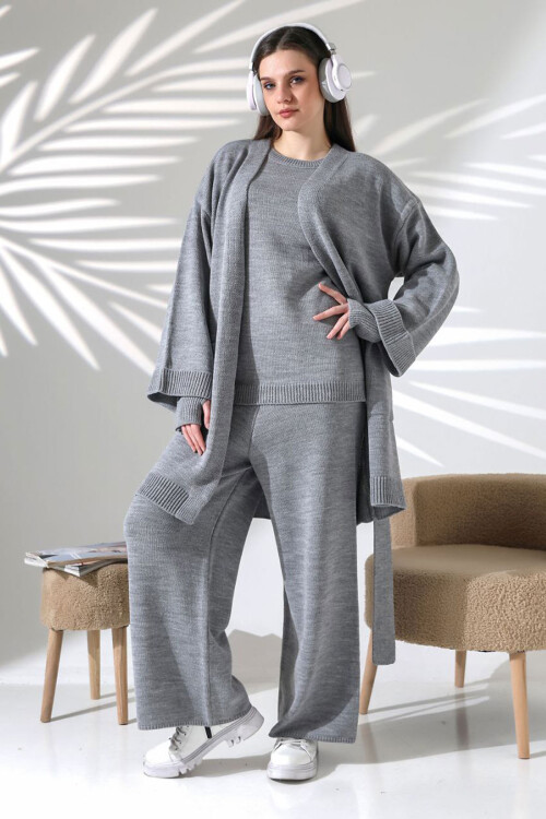 Gri Bisiklet Yaka Bluz, Hırka Ve Pantolon 3 Lü Triko Takım BCES-252041