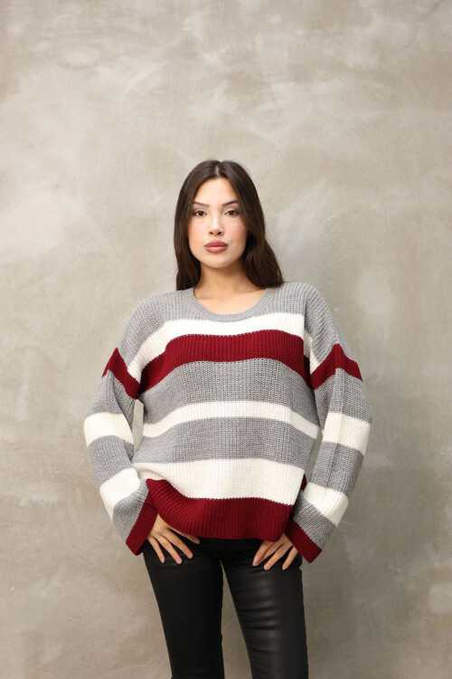 Gri Bisiklet Yaka Çizgi Desenli Triko Kazak BCES-252006