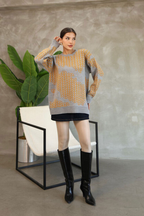 Gri Bisiklet Yaka Desenli Triko Kazak BCES-252046