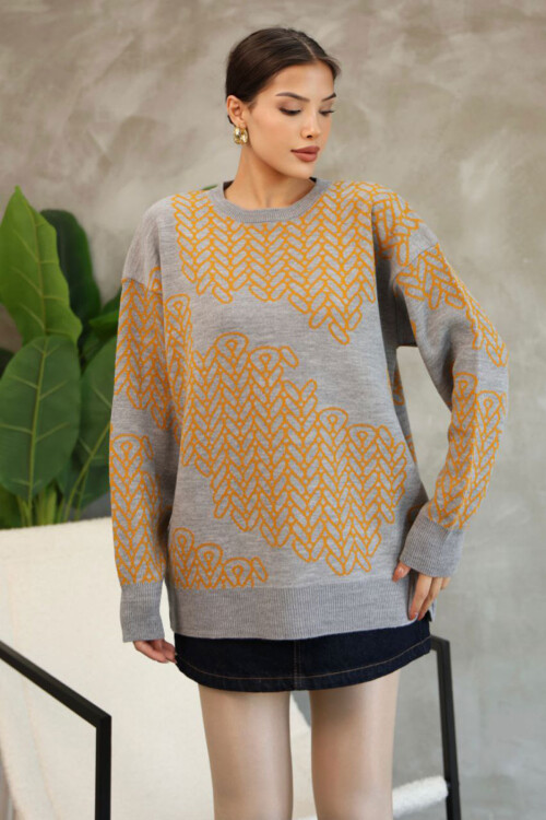 Gri Bisiklet Yaka Desenli Triko Kazak BCES-252046