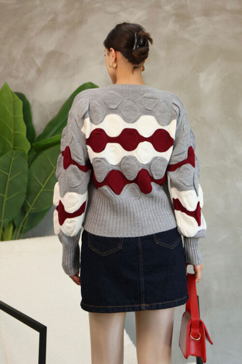 Gri Bisiklet Yaka Kabartma Desenli Triko Kazak BCES-252034