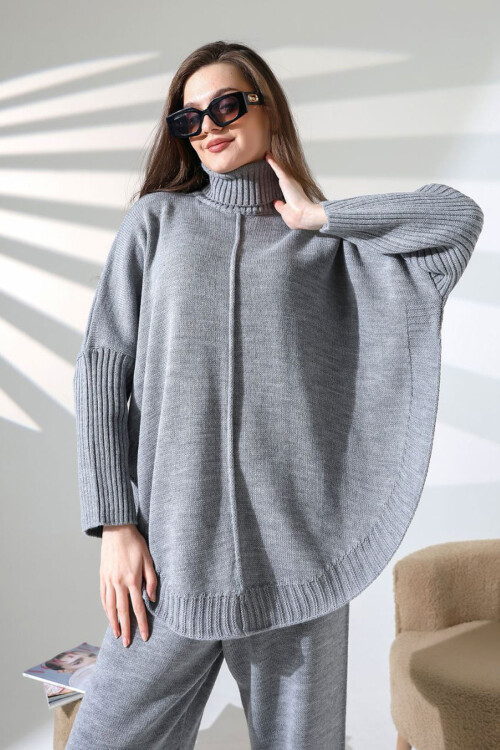 Gri Boğazlı Salaş Kesim Kazak Ve Fit Pantolon Alt Üst Triko Takım BCES-252033