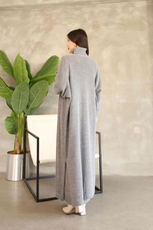 Gri Boğazlı Uzun Kol Triko Elbise Ve Uzun Hırka Tesettür Alt Üst Triko Takım BCES-252039