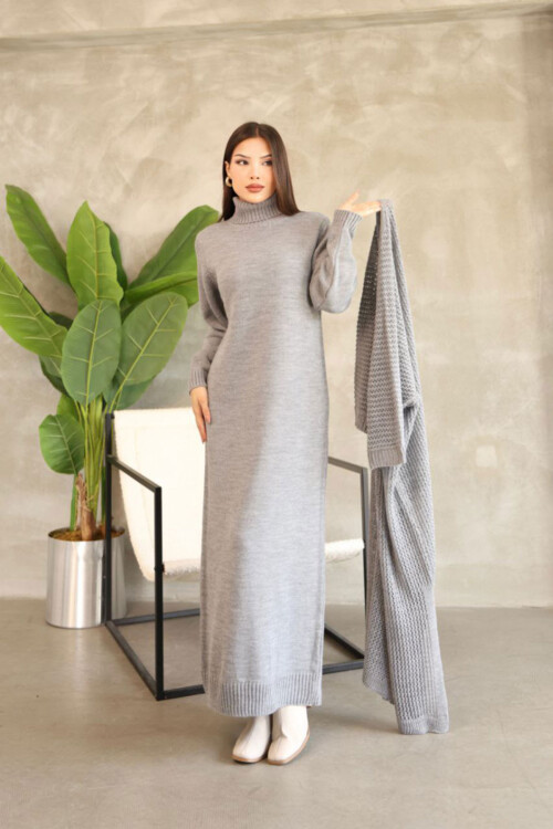 Gri Boğazlı Uzun Kol Triko Elbise Ve Uzun Hırka Tesettür Alt Üst Triko Takım BCES-252039