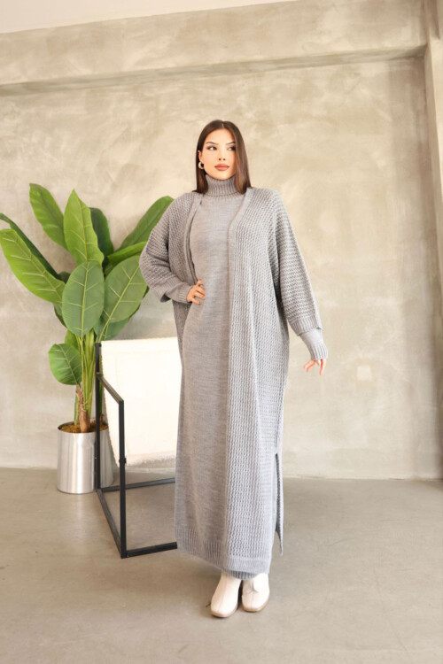 Gri Boğazlı Uzun Kol Triko Elbise Ve Uzun Hırka Tesettür Alt Üst Triko Takım BCES-252039