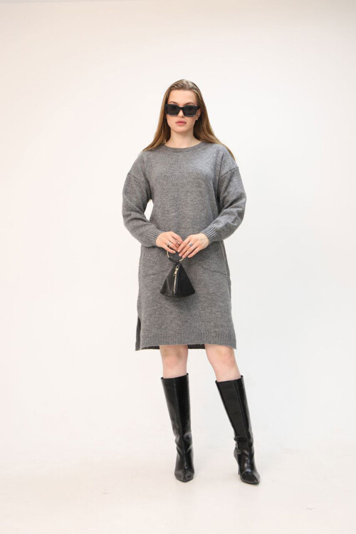 Gri Çift Cepli Bisiklet Yaka Tunik Elbise BCES-252022-1