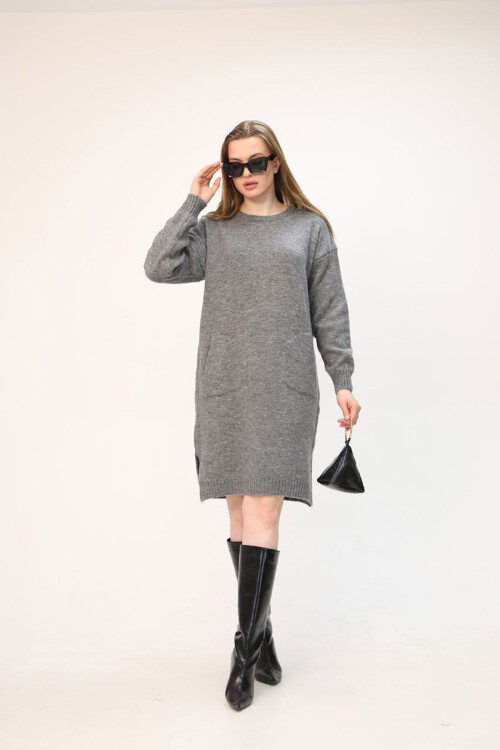 Gri Çift Cepli Bisiklet Yaka Tunik Elbise BCES-252022-1