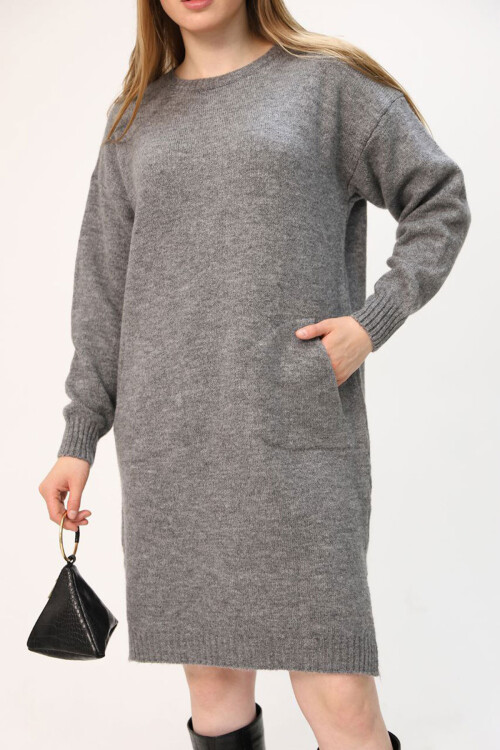 Gri Çift Cepli Bisiklet Yaka Tunik Elbise BCES-252022-1