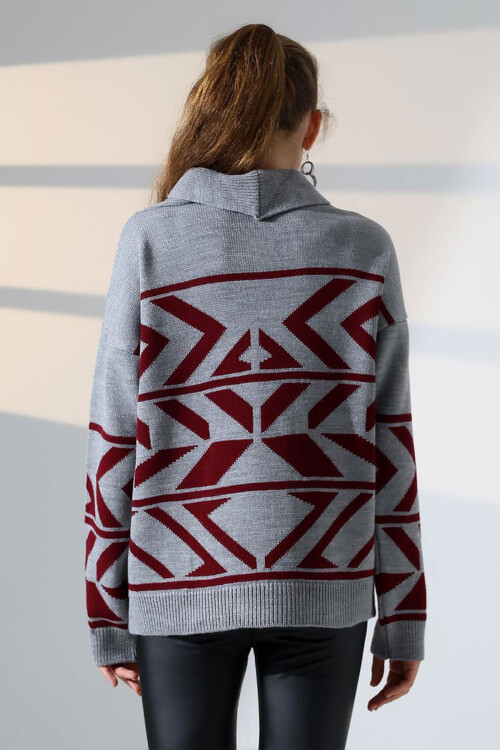 Gri Çift Düğme Detaylı Desenli Triko Hırka BCES-252021