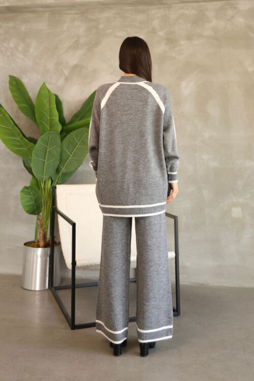 Gri Çizgi Detaylı Bisiklet Yaka Tunik Ve Geniş Paça Triko Alt Üst Takım BCES-252030