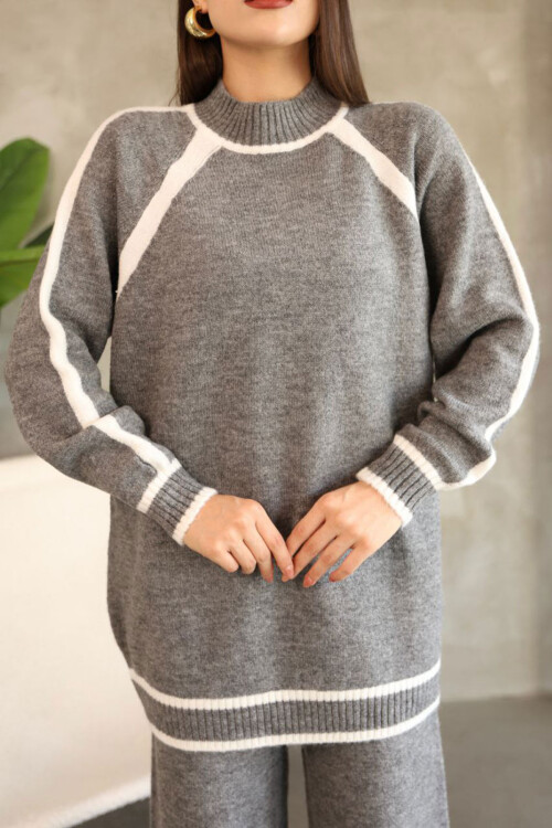 Gri Çizgi Detaylı Bisiklet Yaka Tunik Ve Geniş Paça Triko Alt Üst Takım BCES-252030