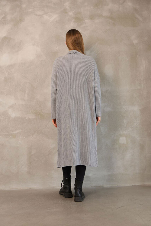 Gri Maxi Boy Triko Hırka BCES-252037