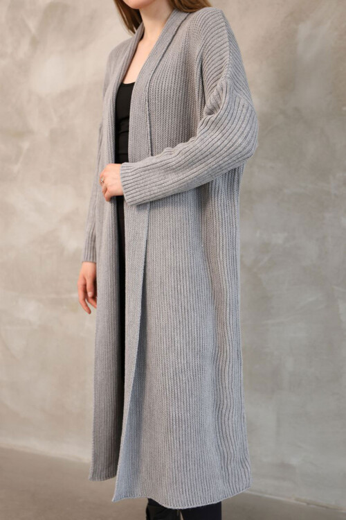 Gri Maxi Boy Triko Hırka BCES-252037