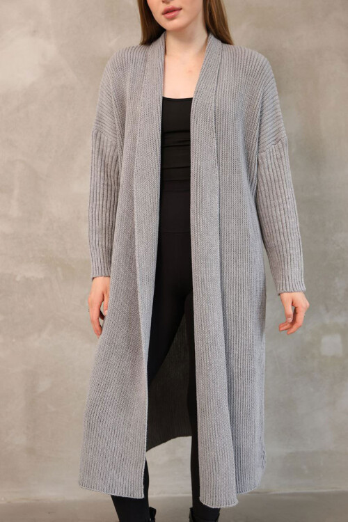 Gri Maxi Boy Triko Hırka BCES-252037